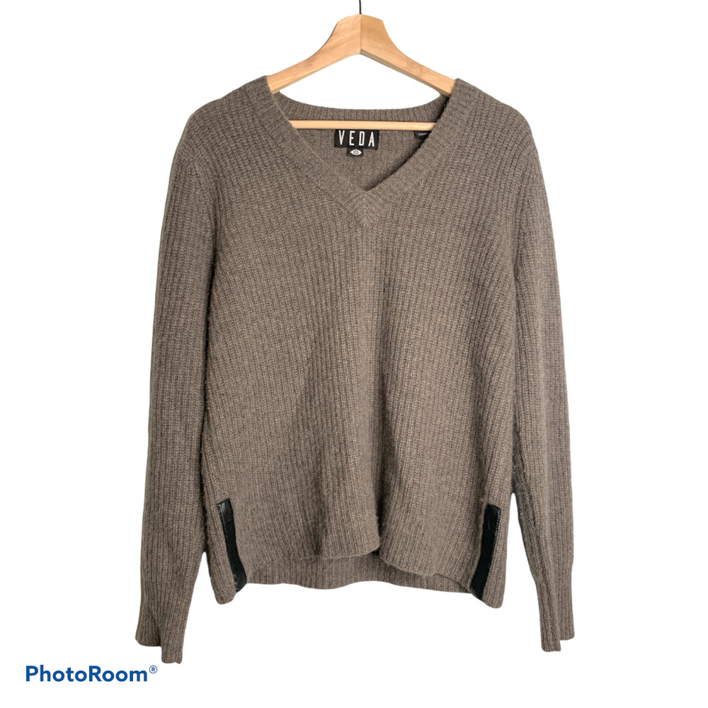 Veda V-Neck Cashmere Long Sleeve Pullover Knitted Sweater Tan Size Small